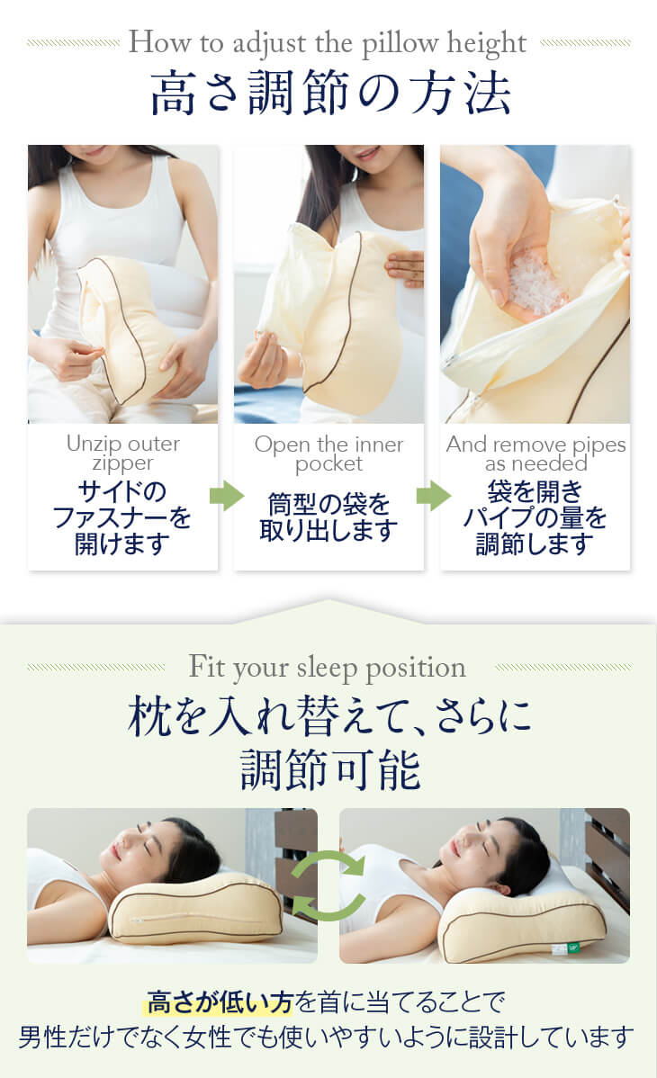 How to adjust the pillow height ⤵Ĵˡ Unzip outer zipper ɤΥեʡ򳫤ޤ Open the inner pocket ޤФޤ And remove pipes as needed ޤ򳫤ѥפ̤Ĵᤷޤ Fit your sleep position ؤơĴǽ ⤵㤤ɤƤ뤳ȤǤʤǤȤ䤹褦߷פƤޤ